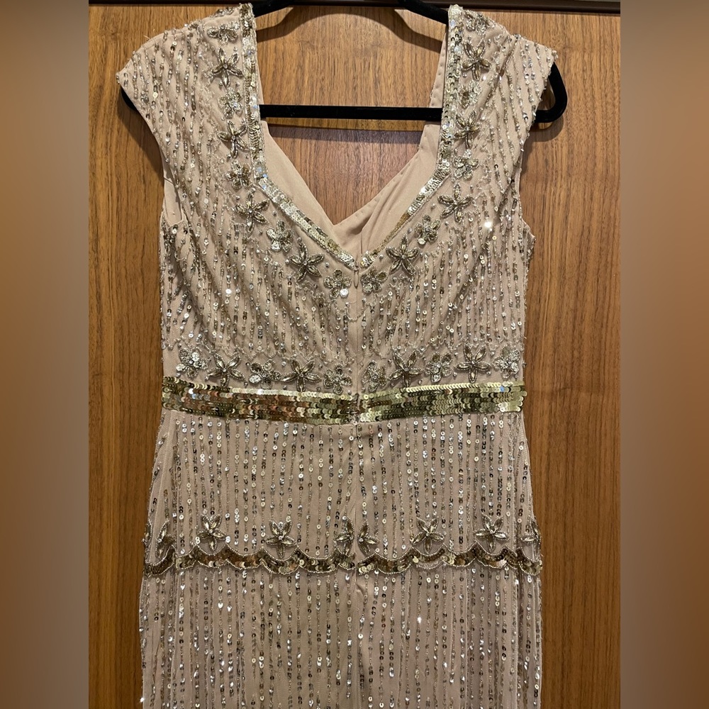 new Mac Duggal CAP SLEEVE EMBELLISHED COLUMN GOWN in nude - Picture 7 of 8